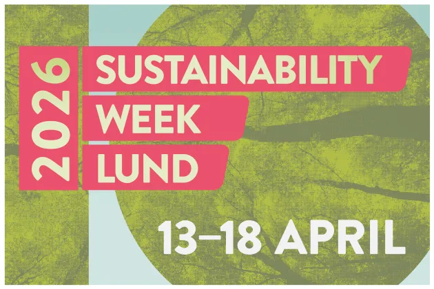 Text that says Sustainability Week Lund, 13-18 April, 2026. Against a background in green, light blue and pink. Illustration.